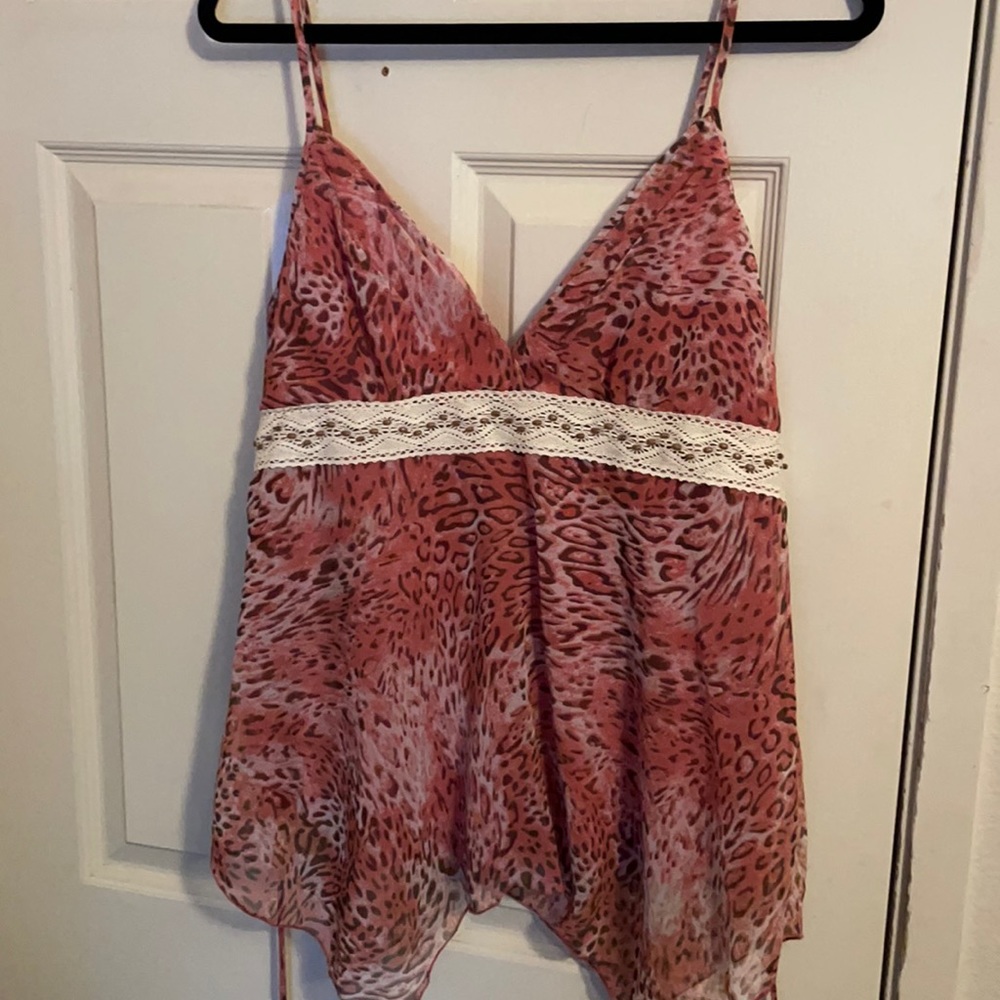 My Michelle pink leopard and lace beading camisole polyester top XL